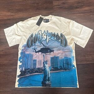 Crewneck Graphic Tee - Cream with Blue Print